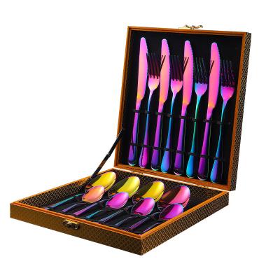 China Chengli Stainless Steel 16pcs Rainbow Flatware Set Gift Box Silverware Gold Handle Box Viable High Quality Cutlery Set With Case for sale