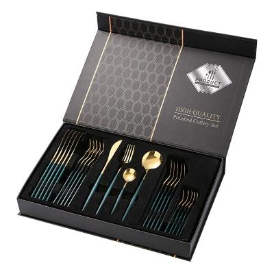 China Chengli Viable Hot Selling 24 Pcs Dinnerware Sets Factory Portuguese Green Gold Cutlery Flatware Wholesale Shiny Flatware Sets For Wedding for sale