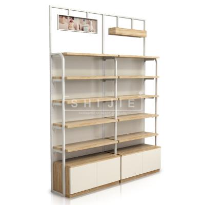 China SHIJIE Customized Single Sided Wooden Color Display Stand White Wooden Shelf For Supermarket And Store for sale