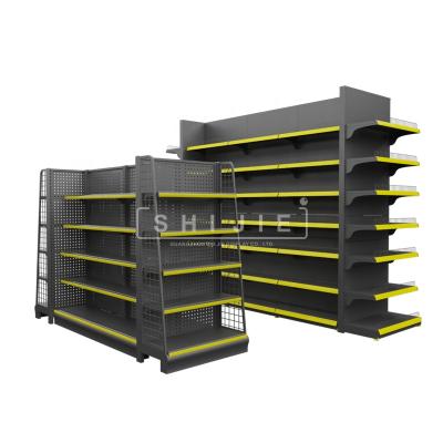 China Double Sided Supermarket Shelves Rack Steel Black Shelf For Store Supermarket Layer Style Time Places Gondola Shelving for sale