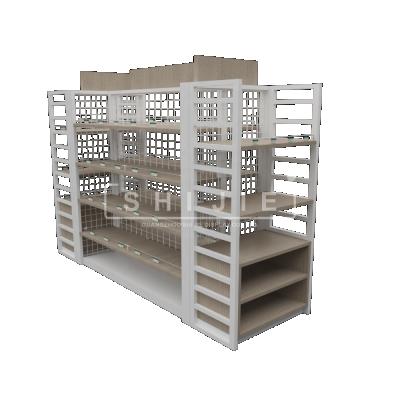 China SHIJIE Metal Supermarket Double Sided Steel Display Shelves Use Department Snacks Stores Show Rack Supermarket Shelving MDF Wood /steel for sale