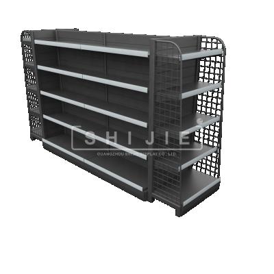 China SHIJIE double sided wooden steel displayracks supermarket shelves modern double sided metal retail store gondola shelving for sale