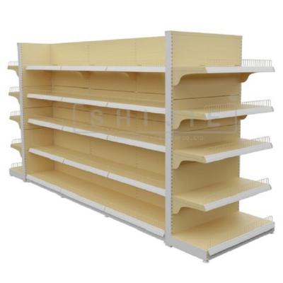 China SHIJIE Customizable Double Sided Gondola Double Sided Shelving Used Supermarket Shelves Metal Wood Display Rack for sale