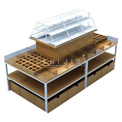 China MINISO Single Sided Wooden Supermarket Shelves Display Rack Retail Dollar Grocery Shelving Wall Steel for sale