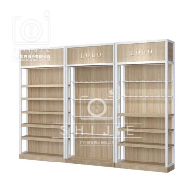 China SHIJIE Single Sided Self Service Grocery Equipments Wooden Mart Shelf Display Rack Supermarket Rack for sale