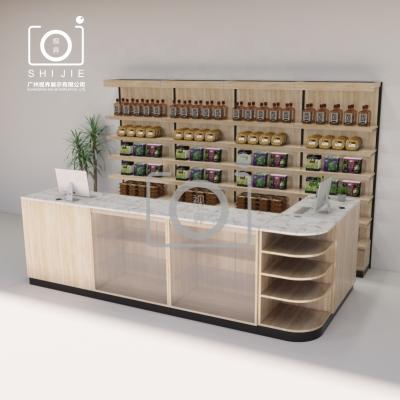 China The supermarket/brand retail store/mall/hotel/airport SHI JIE DISPLAY factory OEM reception counter supermarket service center checkout counters with display banconi negozio for sale