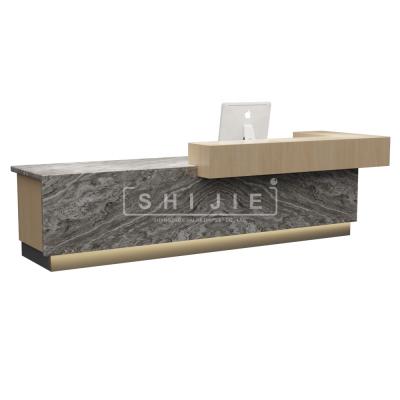 China Modern Designs Extendable Lounge SHIJIE Reception Table Dealing Table Marble Front L-shaped Reception Counter for sale