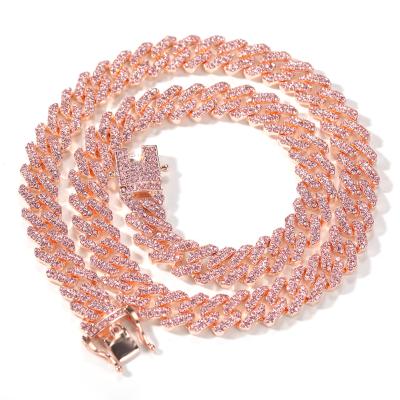 China CLASSIC 12mm Pink Cuban Chain Iced Out Rose Gold Plating Miami Cuban Link Chain Rhinestone Zinc Alloy Necklace Wholesale Jewelry for sale