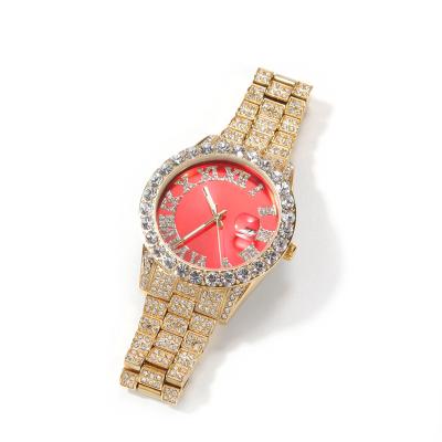 China 2021 Luxury Jewelry Day/Date Hip Hop Bling Bling Day/Date Iced Out Watch Red Color Quartz Watch Stainless Steel Men's Green Wristwatch for sale