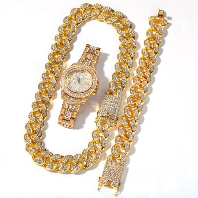 China Hiphop Brazilian Hiphop Jewelry 18k Gold Plated Set Cuban Chain Quartz Wristwatches Woman For Women Men for sale