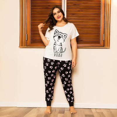 China Dropshipping Summer New Arrivals Plus Size Homewear Cat Print Loose Short Sleeve Casual Pants Plus Size Women's Sleepwear for sale