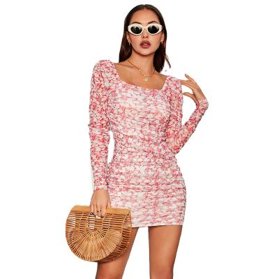 China Summer Floral Dresses Women Leg Breathable Crazy Double Sleeve Ruched Mesh Floral Bodycon Dress for sale