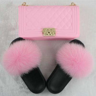 China 2021 summer hot sales fashion solid color fur shoes and jelly handbag set, with fur sandals for sale