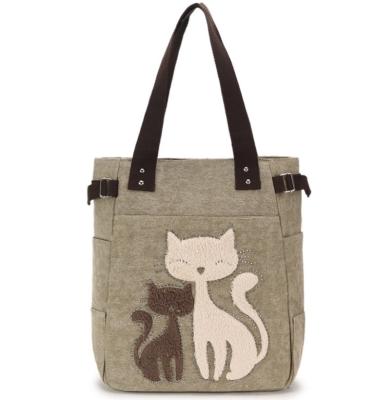 China Cute Fashion Cats Embroidery Canvas Handbag with Multiple Pockets for Lady for sale