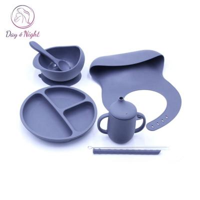 China Baby Premium Silicone Baby Bib Bowl Dish Sipper Cup Spoon Fork Silicone Baby Feeding Set MY02B029 for sale