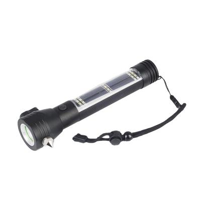 China Emergency Outdoor Use LED Flashlight Solar Rechargeable Zoomable Torch with Compass and Safety Hammer for sale