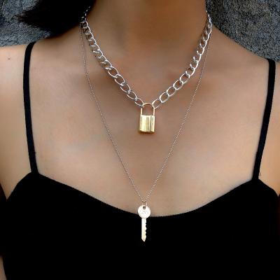 China Vintage Environmentally Friendly European Minimalist Female Jewelry Padlock Chain Chunky Choker Gold Key Lock Necklace Women for sale