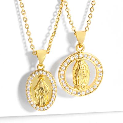 China Environmental Friendly INS Christian Jewelry Religious Vintage Geometric European 18K Gold Plated Inlay Micro CZ Round Virgin Mary Necklace Women Gift for sale