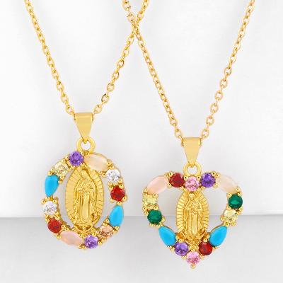 China European Vintage Environmental Friendly Christian Jewelry Religious Rainbow Catholic Virgin Mary Necklace Colorful Crystal Virgin Mary Pendant Necklace for sale