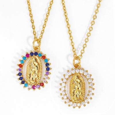 China New Designer Environmental Friendly European Stone Virgin Mary Pendant Necklace Women Religious Christian Micro Inlay Rainbow Zirconia for sale