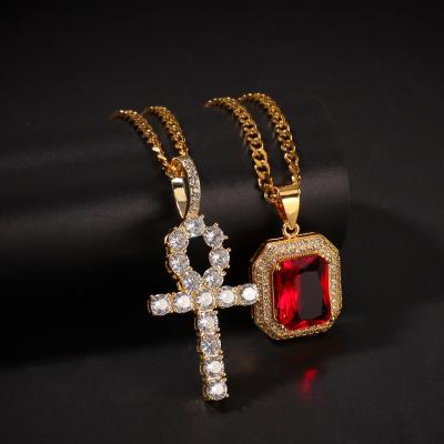 China Egyptian Iced Out Diamond Ankh Cross Necklace Square Gem Pendant Necklace Set Jewelry Hips Environmentally Friendly Wholesale Hops for sale