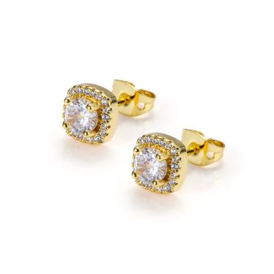 China Lead Free Nickel Free Hip Hops Bling Earring Jewelry Micro 18K Real Gold Plated Pave Clear CZ Stud Earring for sale