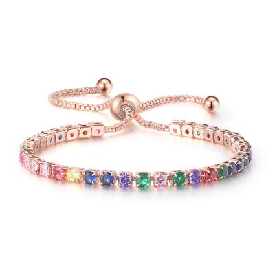 China Fashion Jewelry 3mm CZ Colorful Round Female European Tennis Bracelet Adjustable Rose Gold Plated Rainbow Tennis Bracelet for sale