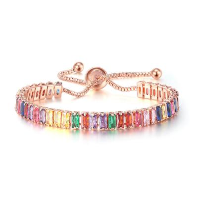 China Amazon Women Jewelry Slide Lock Chain Rose Gold Plated Rectangular Rainbow CZ Trendy Environmental Friendly Tennis Adjustable Bracelet for sale