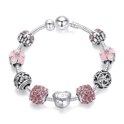 China Antique Silver Bracelet Wedding Environmentally Friendly Pulseira Bracelet DIY Crystal Beads Enamel Flower Charm Jewelry Gift Snake Chain Women for sale