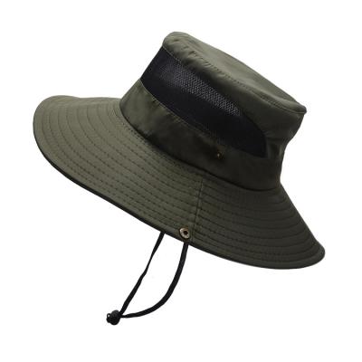 China Wholesale Summer Outdoor Sunshade Breathable Mesh Solid Color Fisherman Wide Brim Bucket Hat With Rope Windproof for sale