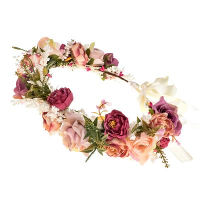 China Hair Accessories Wholesale Beautiful Garland Halo Headbands Festivals Wedding Rose Crown Multicolor Flower Floral Headband Women for sale