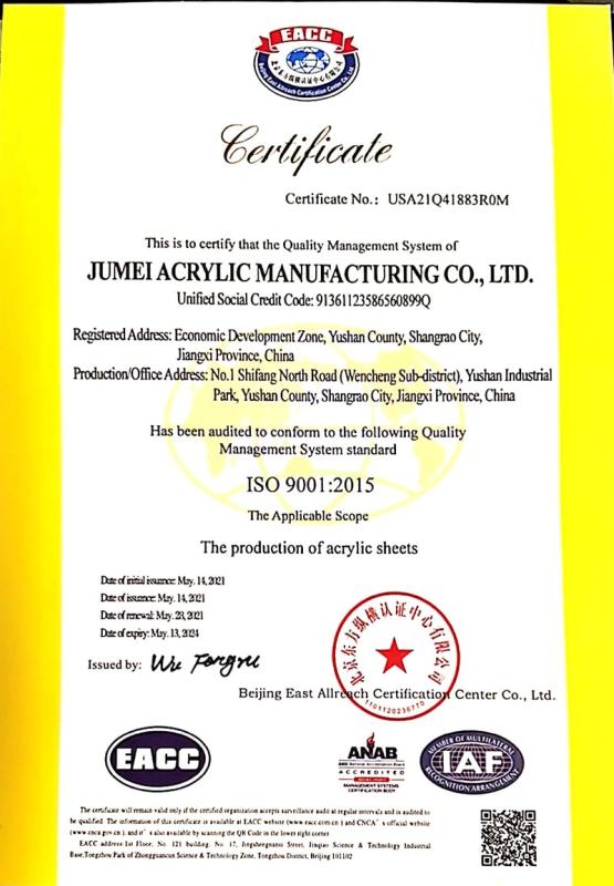 ISO9001 - Jumei Acrylic Manufacturing Co., Ltd.