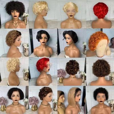 China Wholesale Jerry Curl Virgin Indian Raw Curly Cuticle Aligned Hair Pixie Short Bob 99j Burgundy Lace Front Wigs T Part #1b #350 #99J Color for sale