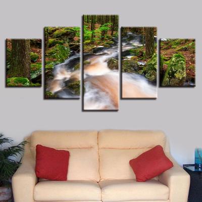 China New Classic/Postmodern 5 Pieces Wall Art Pictures For Living Room Decor Waterfall Landscape HD Modern Canvas Painting for sale