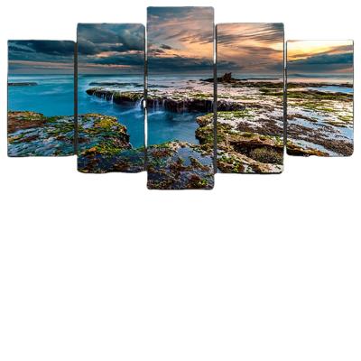 China New Classic/Postmodern Modern Living Room Canvas HD Pictures Wall Art Modular Poster Home Decor 5 Panel Sea Dusk Landscape Painting for sale