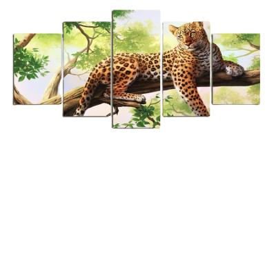 China New Classic/Postmodern Animal Piece Of Art Wall Prints For Living Leopard Canvas Pinturas Telas Wall Decor 5 Panel Canvas Prints for sale