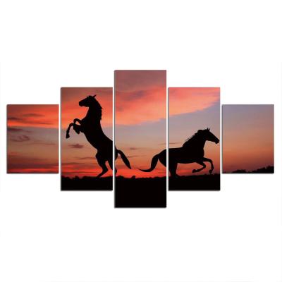 China New Classic 5Panels/Postmodern Sunset Horse Picture Poster Canvas Painting Animal HD Wall Art Prints For Home Decor for sale