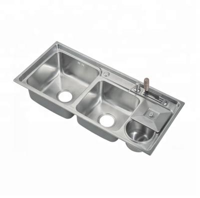 China Without faucet sus304 double bowl kitchen drainer wash sink with knife seat and round waste bin for sale