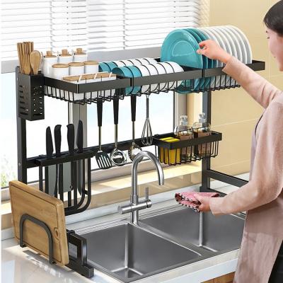 China 2 Tier Stainless Steel Metal Kitchen Storage Organizer Shelf Over The Sink Workable Expandable Adjustable Dish Rack for sale