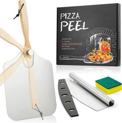 China Sustainable Aluminum Metal Pizza Peel 12 inch x 14 inch Large Pizza Paddle with Foldable Wood Handle and 14 Inch Pizza Cutter Rocker for sale