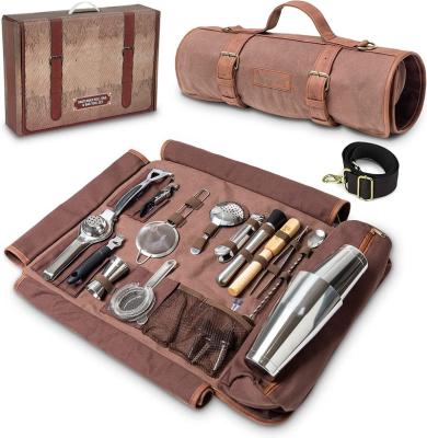 China Sustainable Bartender Bag Travel Bartender Kit Bag with Bar Tools | Professional 17-Piece Bar Tool Set with Portable Waxed Canvas Bag for sale