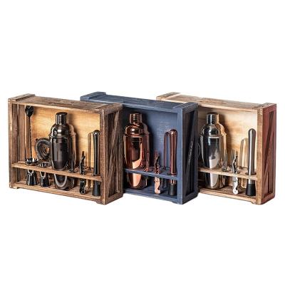 China Sustainable 11-Piece Bar Tool Set with Rustic Wood Stand Perfect Home Bartending Kit and Cocktail Shaker Set for an Awesome Drink Mixing for sale