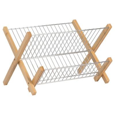 China Stocked Collapsible Dish Drying Rack Foldable and Compact  Bamboo 2-Tier Dish Drainer Kitchen Plate Rack for Kitchen Countertop for sale