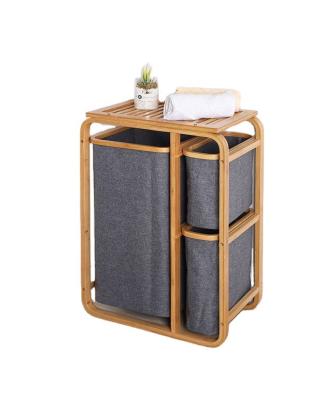 China Living Room Freestanding Bamboo 2 Section Double Laundry Organizer Hamper with Removable Storage Sorter Bags, Space-Saving Basket for sale