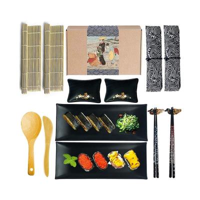 China Sustainable Sushi Making Kit DIY with 2 Bamboo Rolling Mats 2 Ceramic Plates 2 Sauce Dishes 2 Pairs of Chopsticks 2 Chopsticks for sale