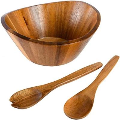 China Sustainable Acacia Wood Salad Bowl with 2 Wooden Hands Sherwood 3-Piece Acacia Wood Salad Bowl Set for sale