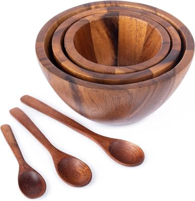 China Sustainable Acacia Wooden Bowls wood Bowls Mix size Stackable Acacia wooden bowl set with 3 spoons for serving salad for sale