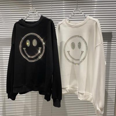 China Smiley Face Hot Drilling Pullover Sweatshirt Women's Viable Streetwear Loose Rhinestone Crewneck Long Sleeve Cotton Hoodie Shirts for sale