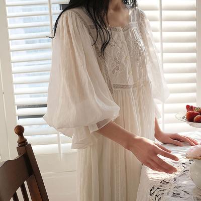 China QUICK DRY Lace Fairy Cotton Embroidery Fairy New Nightgown Women's Vintage Breath Sleeve Sleepwear Home Dress Long White Pajamas for sale