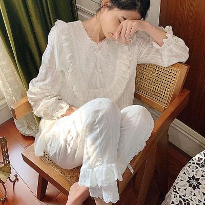 China QUICK DRY Pajamas Ladies Pajamas Long Sleeve Sleepwear Lace Cotton Embroidered Women Pajamas Set Princess Nightwear for sale